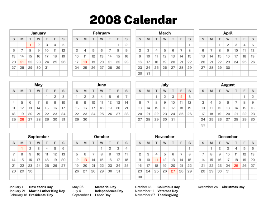 Printable 2008 Calendar: Perfect for Home or Work
