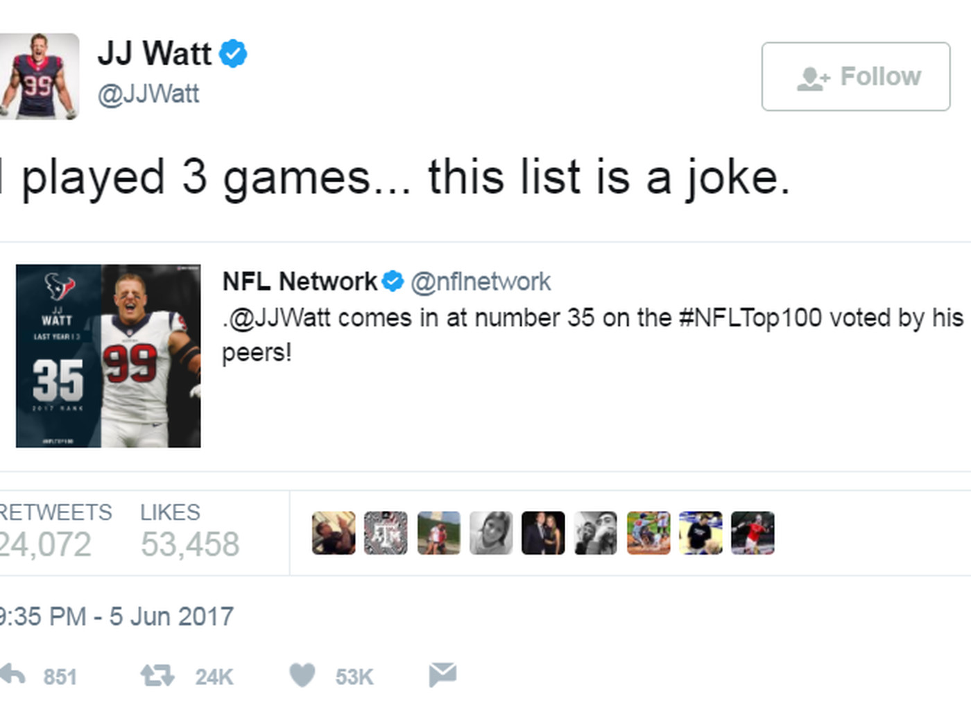 What was the latest j j watt tweet about? (See the details everyone is talking about online)